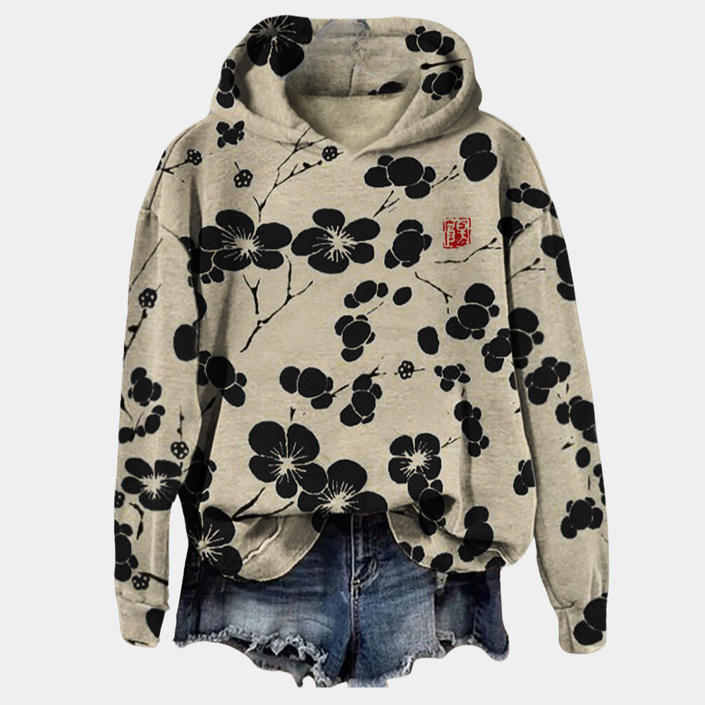 Kaori | Zachte ademende katoenen herfst hoodie voor dames met bloemenprint ontwerp