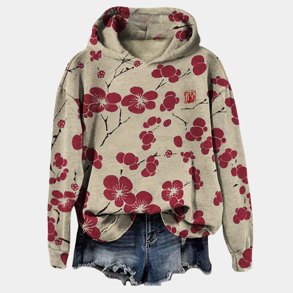 Kaori | Zachte ademende katoenen herfst hoodie voor dames met bloemenprint ontwerp