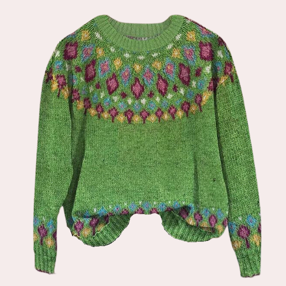 Aurélie | Warm zachtgebreid wolmix herfsttrui voor dames met kleurrijk Scandinavisch motief