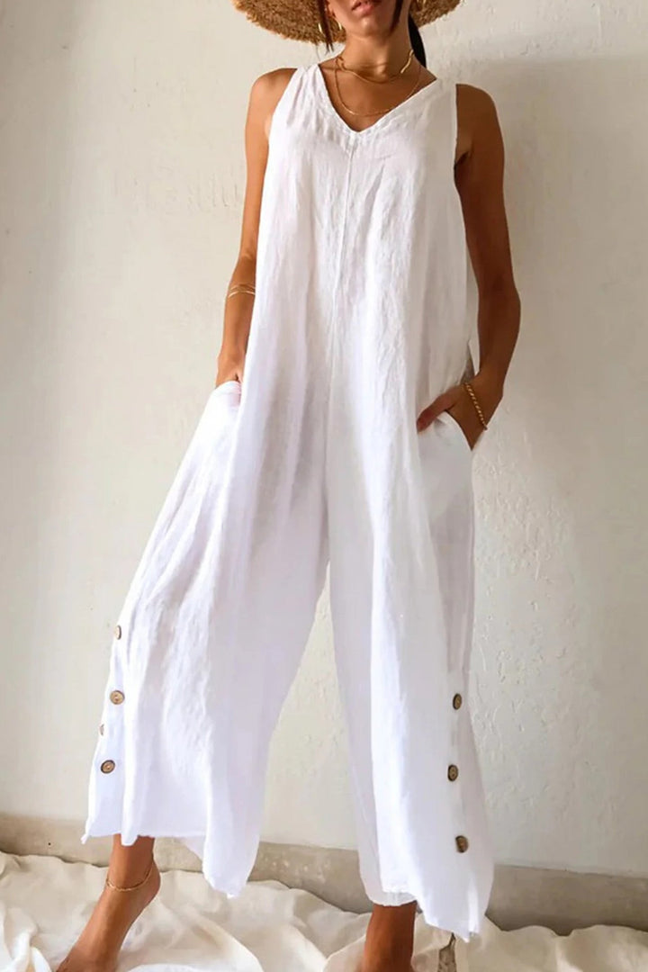 Fleur – Jumpsuit met V-Hals, Knoopsluiting en Wijde Pijpen