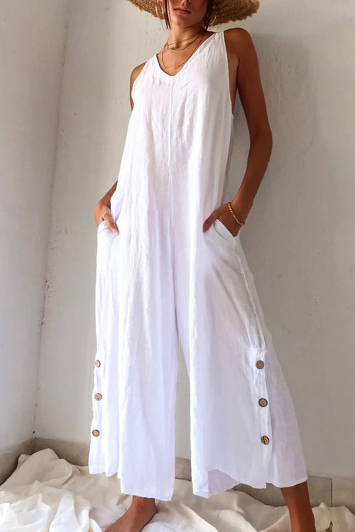 Fleur – Jumpsuit met V-Hals, Knoopsluiting en Wijde Pijpen