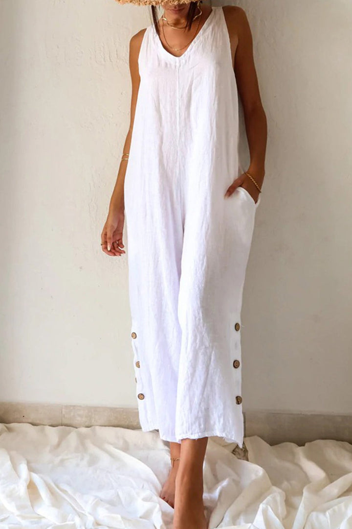 Fleur – Jumpsuit met V-Hals, Knoopsluiting en Wijde Pijpen