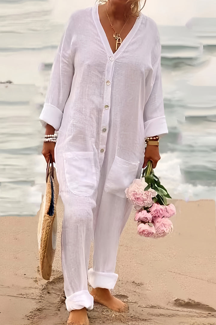 Saar – Katoen-Linnen Jumpsuit met Knoopsluiting en V-Hals