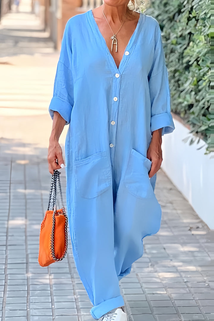 Saar – Katoen-Linnen Jumpsuit met Knoopsluiting en V-Hals