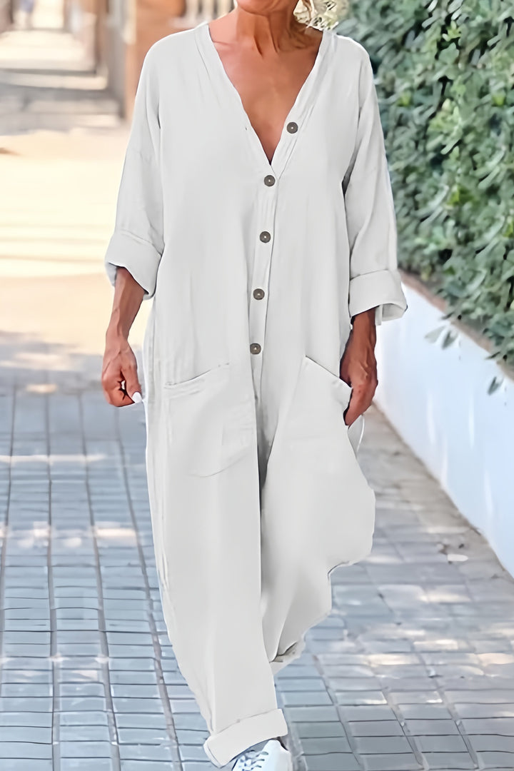 Saar – Katoen-Linnen Jumpsuit met Knoopsluiting en V-Hals