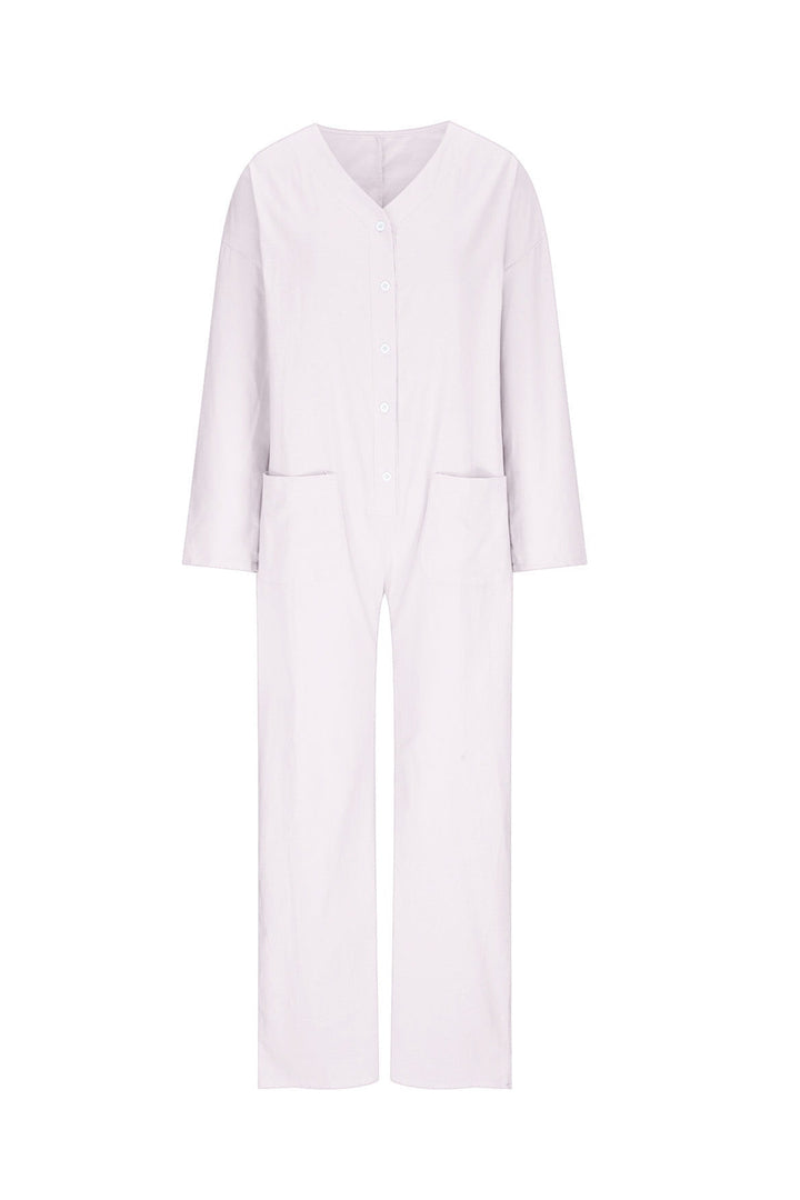 Saar – Katoen-Linnen Jumpsuit met Knoopsluiting en V-Hals