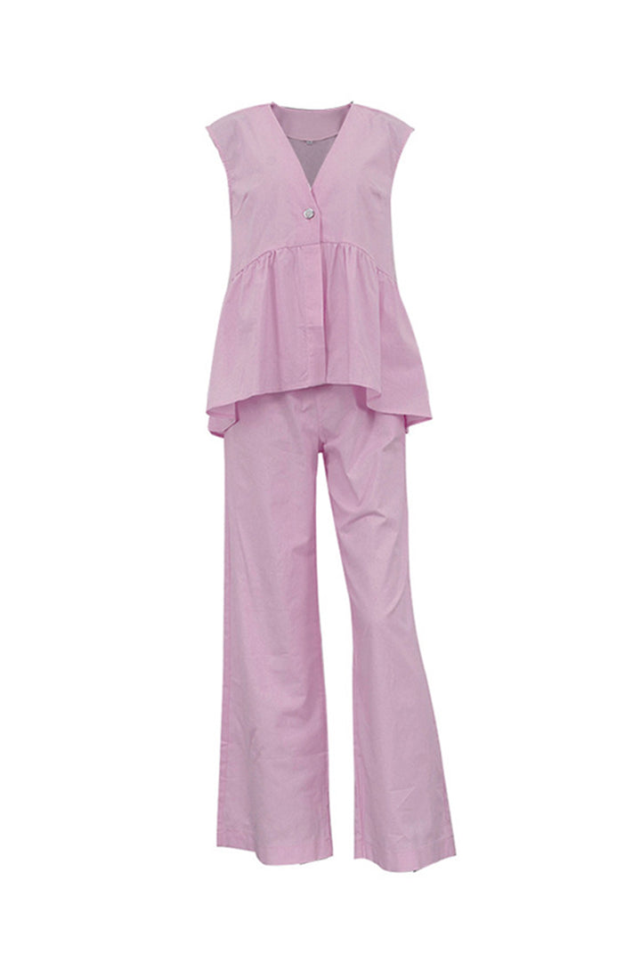 Renée – Katoenen Two-Piece Set met Diepe V-Hals en Wijde Pijpen