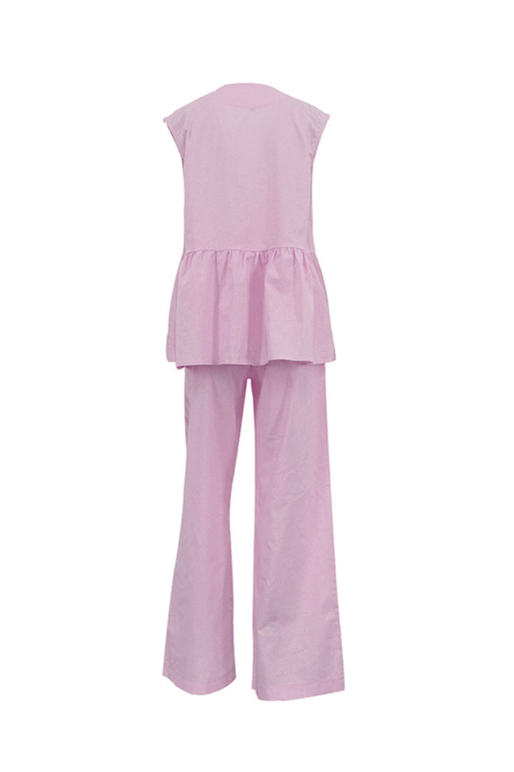 Renée – Katoenen Two-Piece Set met Diepe V-Hals en Wijde Pijpen