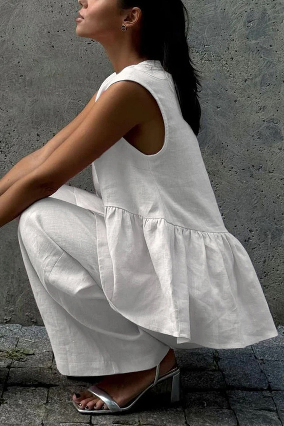 Renée – Katoenen Two-Piece Set met Diepe V-Hals en Wijde Pijpen