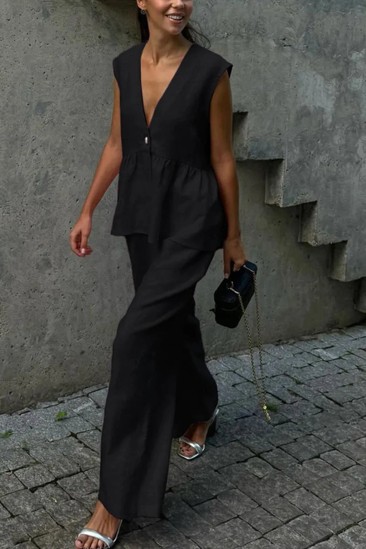 Renée – Katoenen Two-Piece Set met Diepe V-Hals en Wijde Pijpen