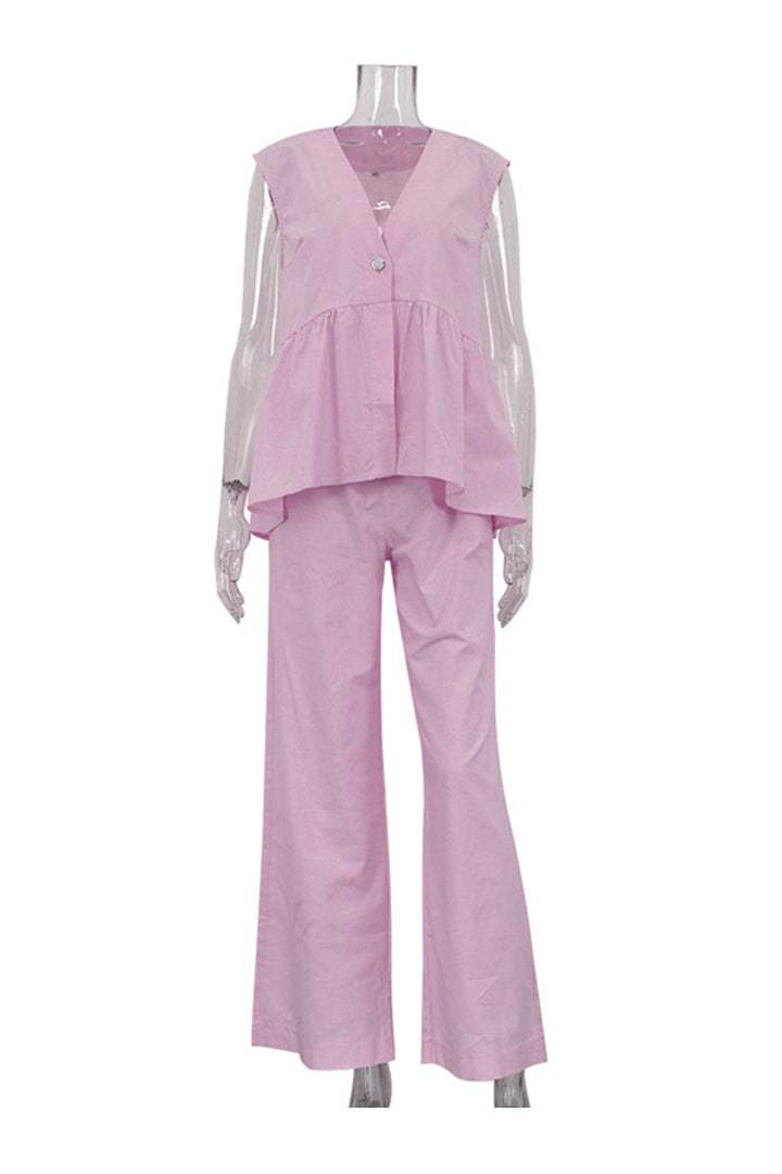 Renée – Katoenen Two-Piece Set met Diepe V-Hals en Wijde Pijpen