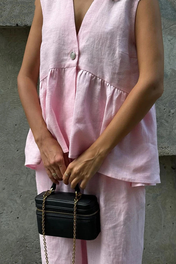 Renée – Katoenen Two-Piece Set met Diepe V-Hals en Wijde Pijpen