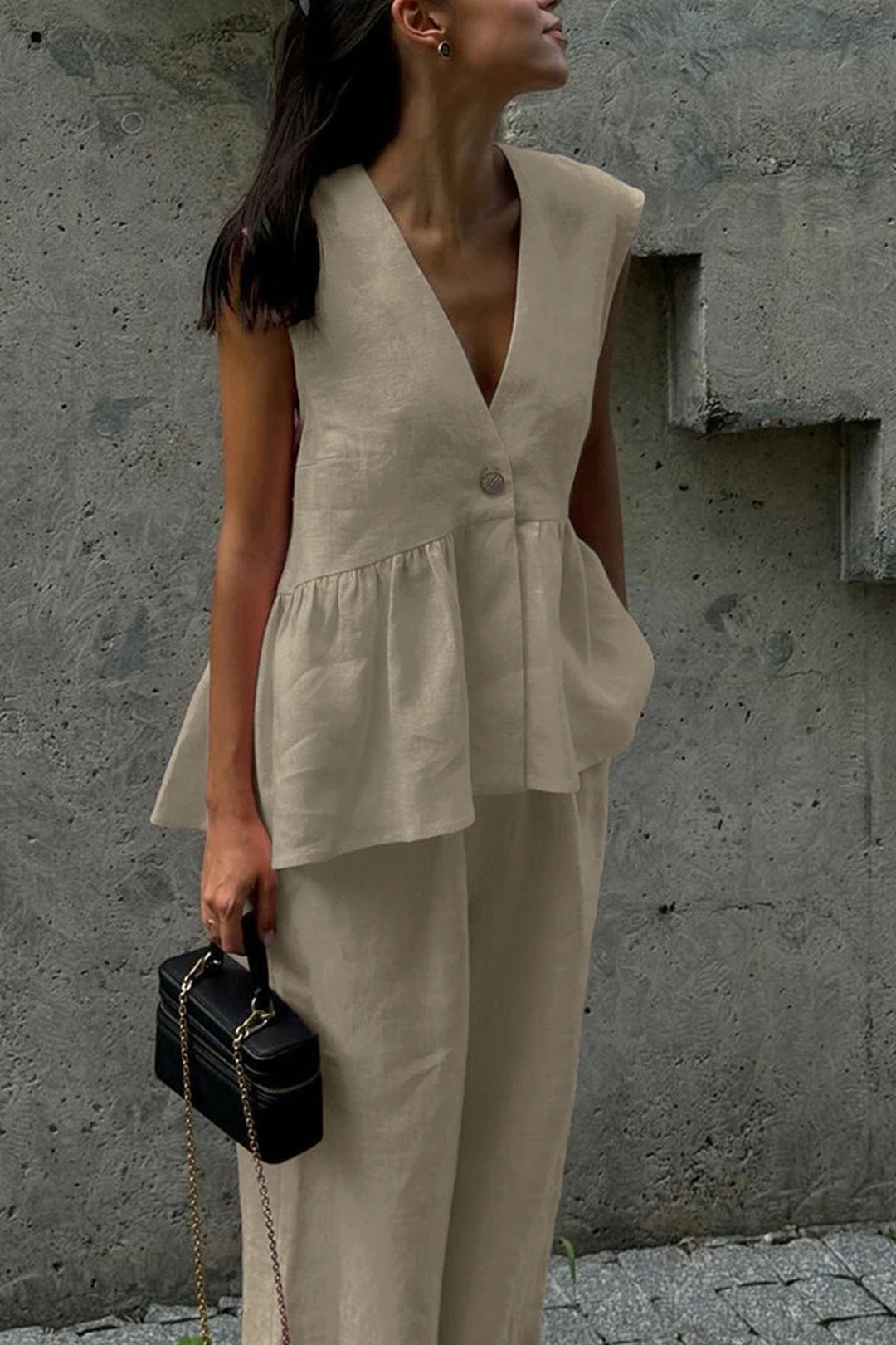 Renée – Katoenen Two-Piece Set met Diepe V-Hals en Wijde Pijpen