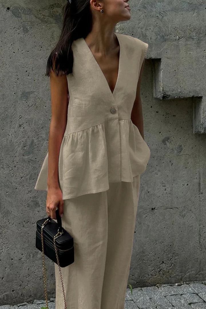 Renée – Katoenen Two-Piece Set met Diepe V-Hals en Wijde Pijpen