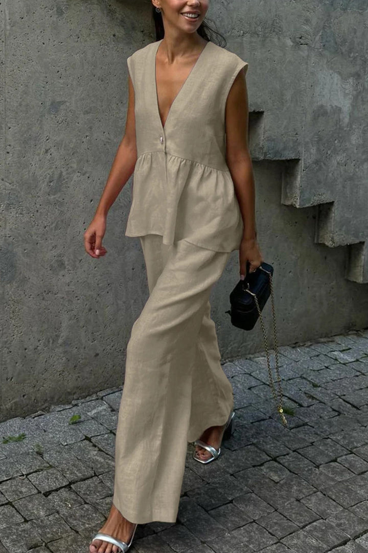 Renée – Katoenen Two-Piece Set met Diepe V-Hals en Wijde Pijpen