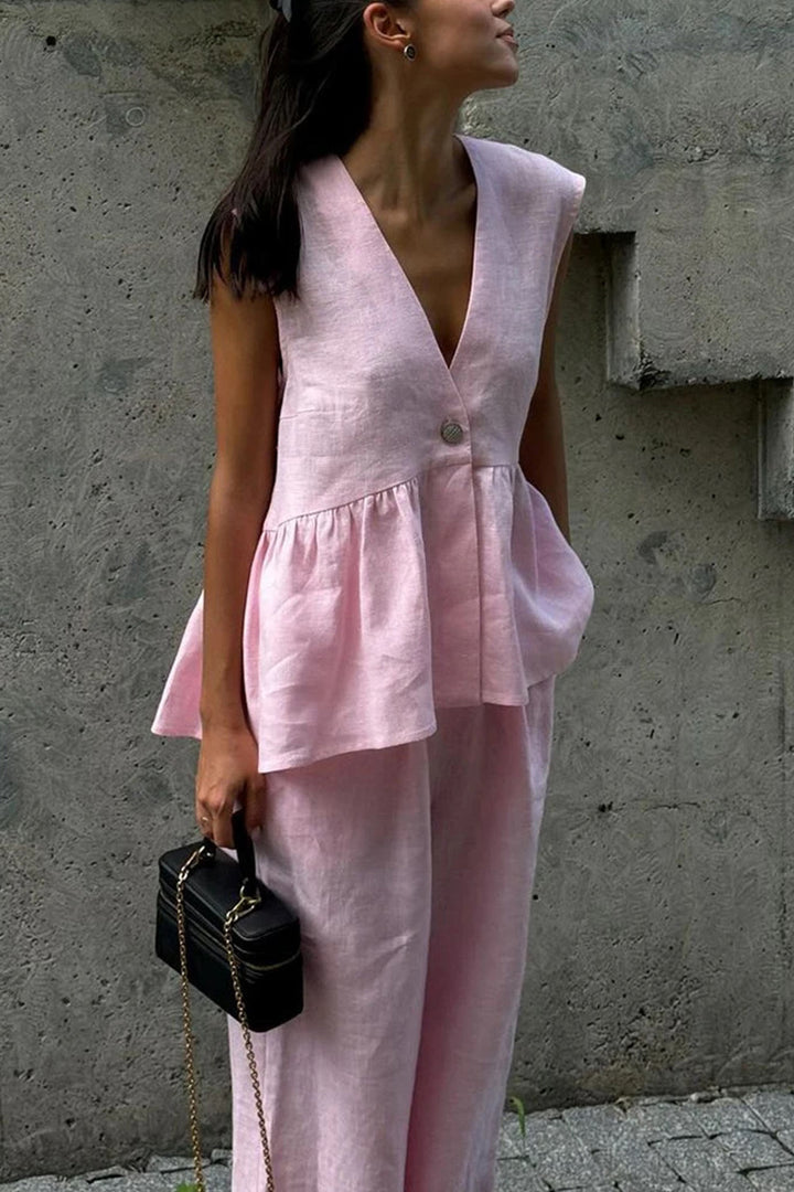 Renée – Katoenen Two-Piece Set met Diepe V-Hals en Wijde Pijpen