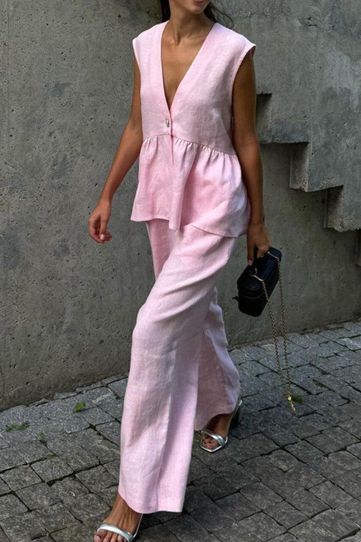 Renée – Katoenen Two-Piece Set met Diepe V-Hals en Wijde Pijpen
