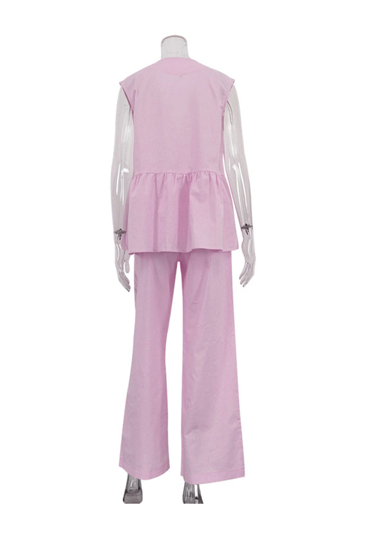 Renée – Katoenen Two-Piece Set met Diepe V-Hals en Wijde Pijpen