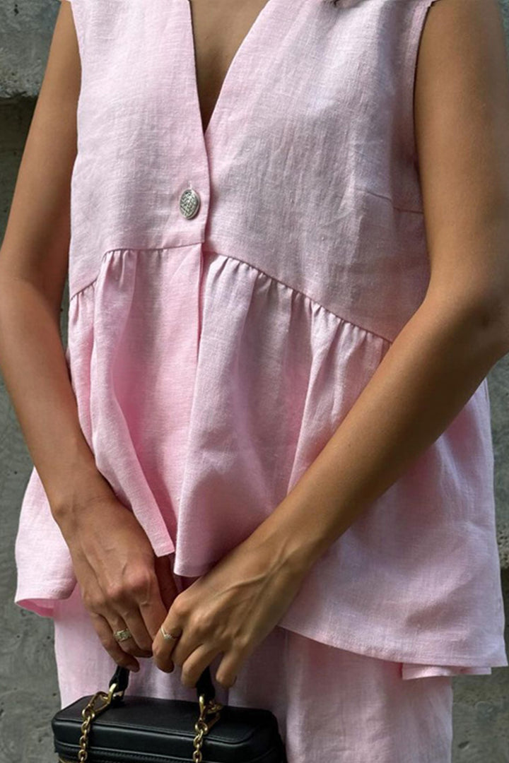 Renée – Katoenen Two-Piece Set met Diepe V-Hals en Wijde Pijpen