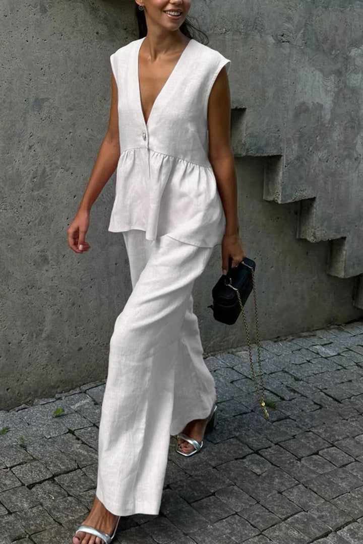 Renée – Katoenen Two-Piece Set met Diepe V-Hals en Wijde Pijpen
