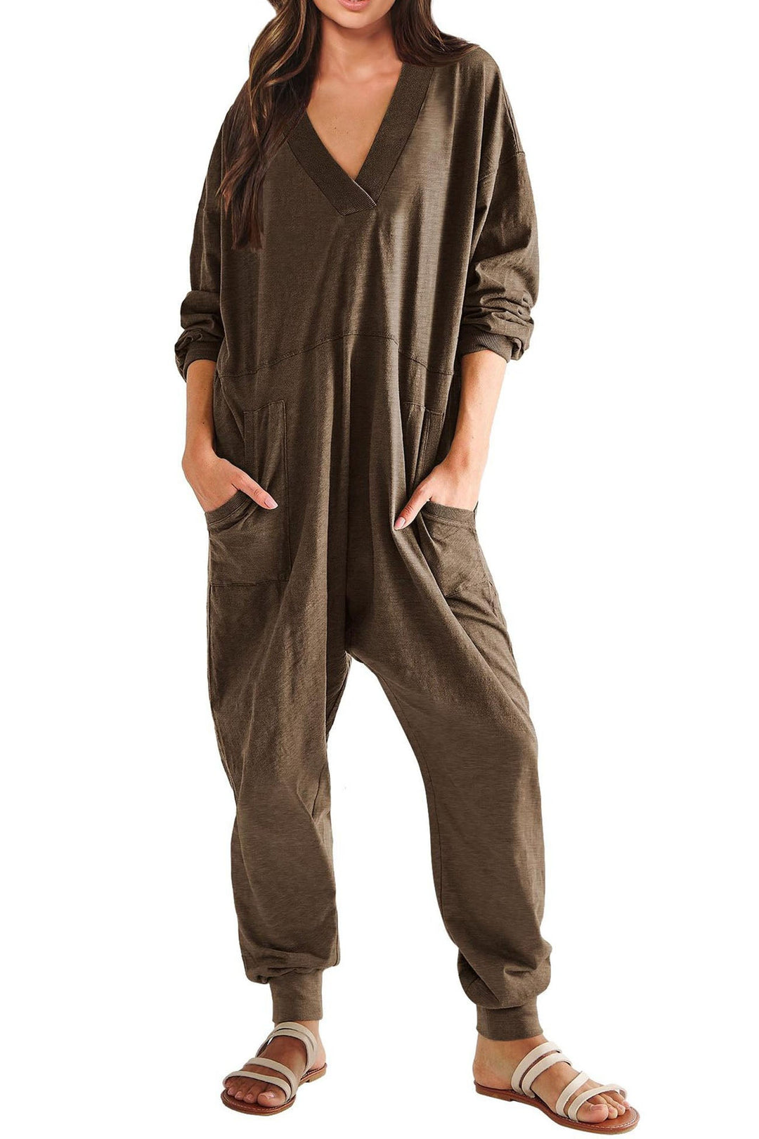 Sofie – Jumpsuit met V-Hals, Lage Schouders en Lange Mouwen