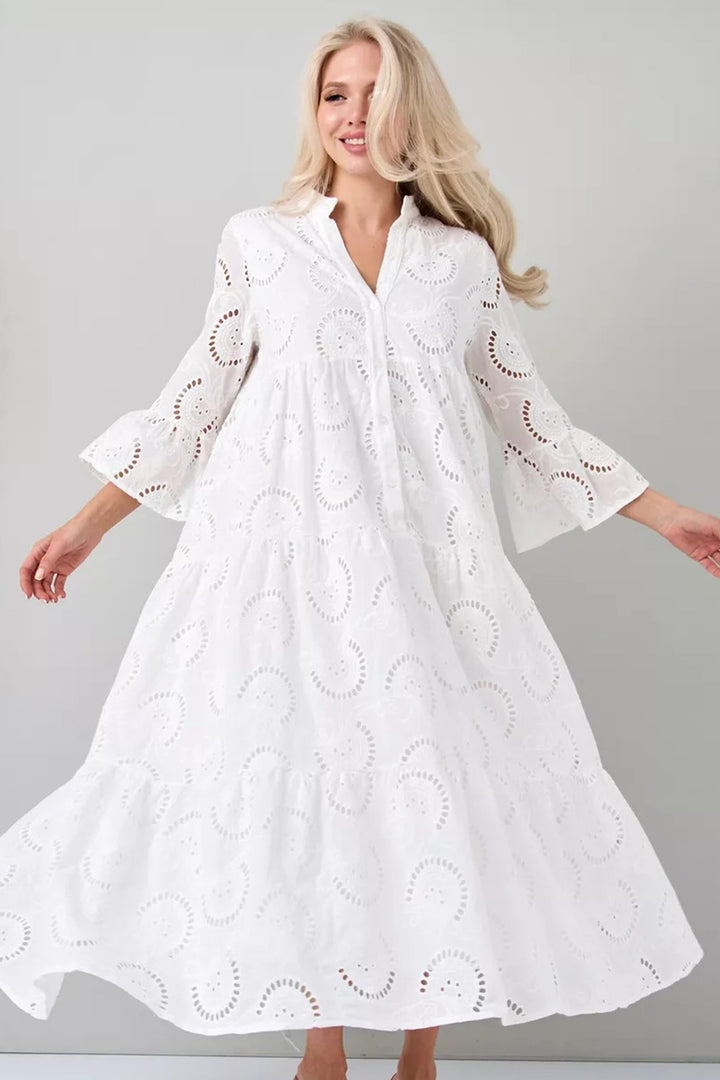 Bente – Geborduurde Maxi Jurk met Vlindermouwen en V-Hals