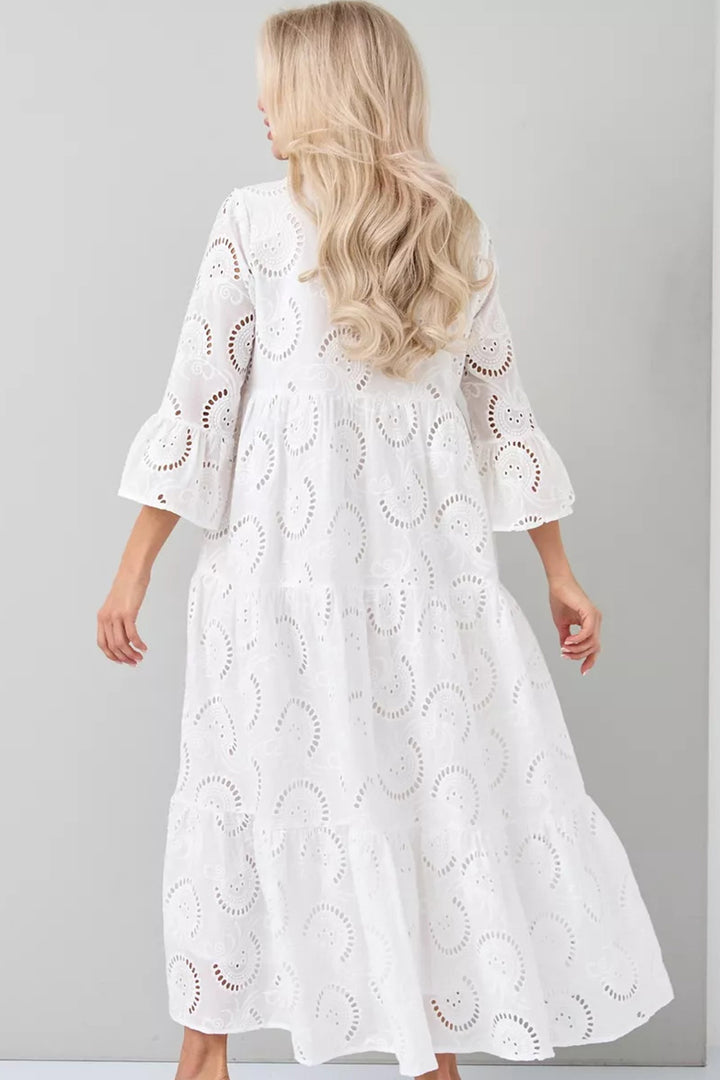Bente – Geborduurde Maxi Jurk met Vlindermouwen en V-Hals