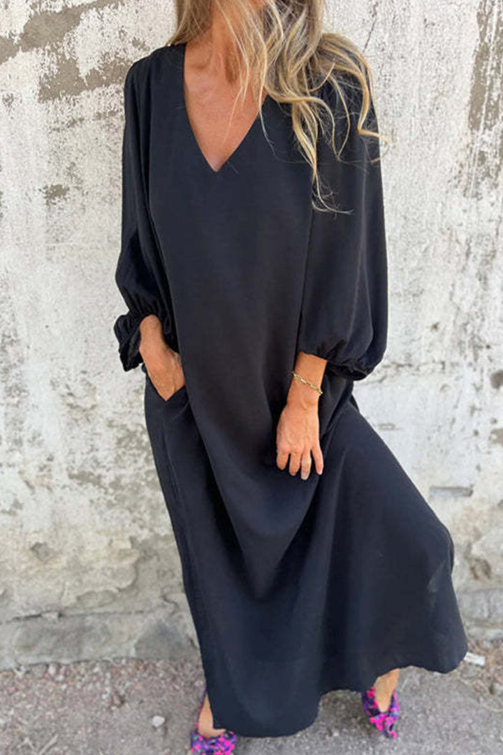Jinte – Maxi Jurk met V-Hals en Ballonmouwen