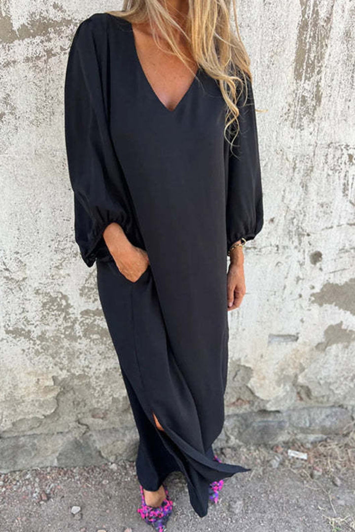 Jinte – Maxi Jurk met V-Hals en Ballonmouwen