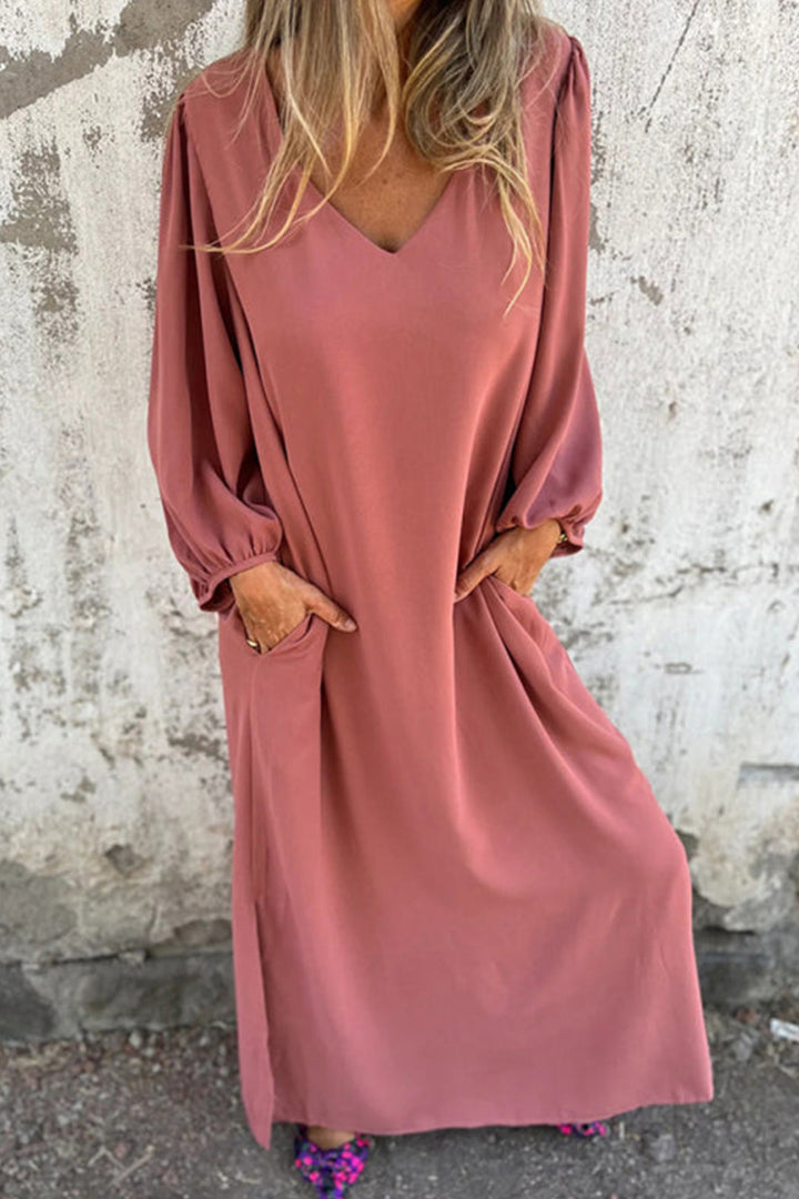 Jinte – Maxi Jurk met V-Hals en Ballonmouwen