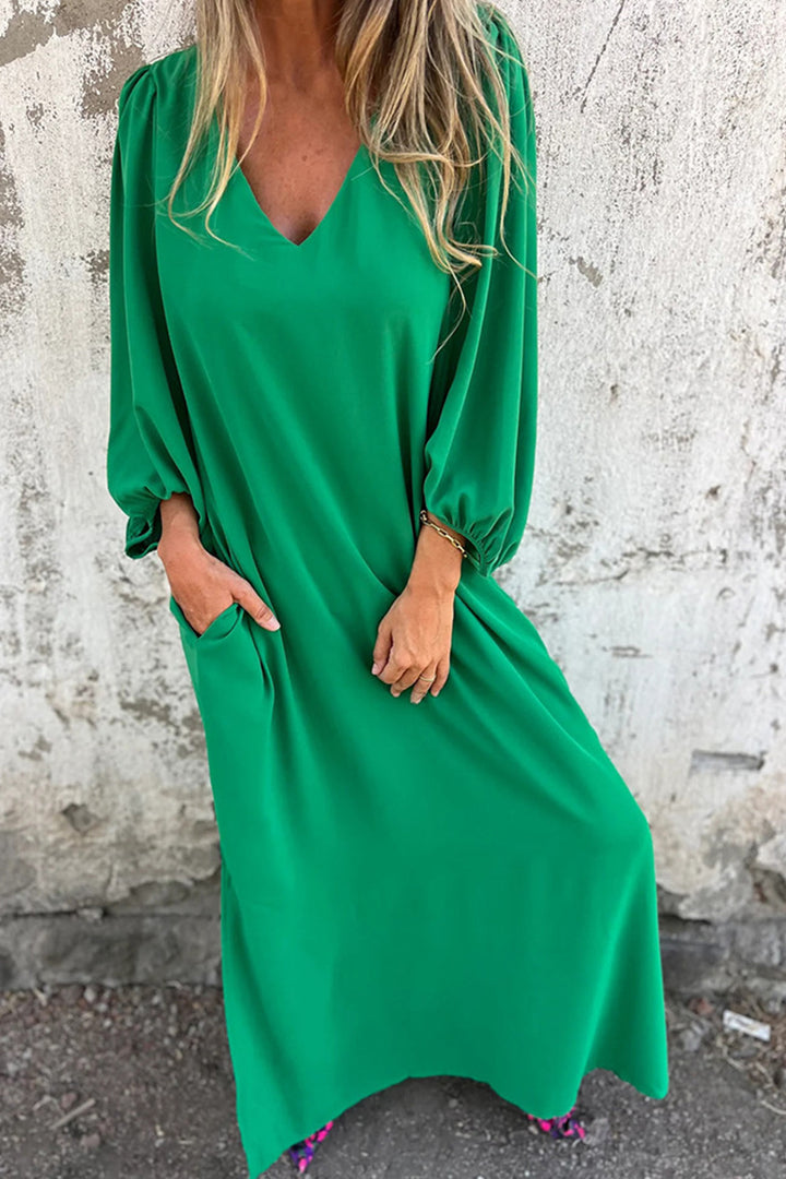 Jinte – Maxi Jurk met V-Hals en Ballonmouwen