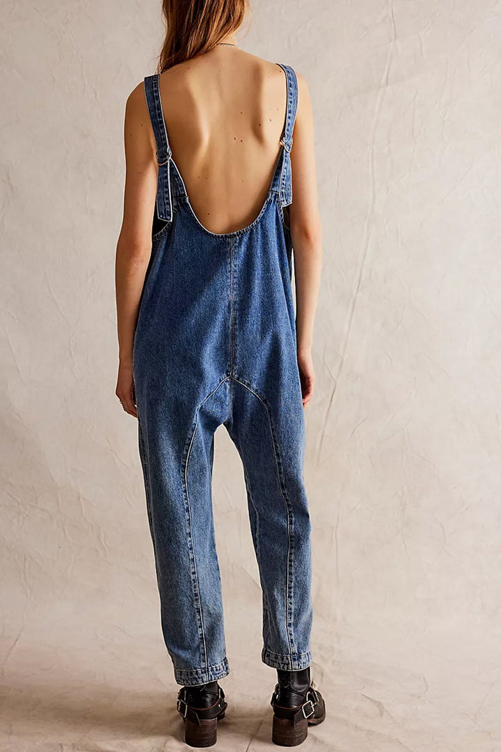 Linde – Mouwloze Denim Jumpsuit met V-Hals en Verstelbare Bandjes