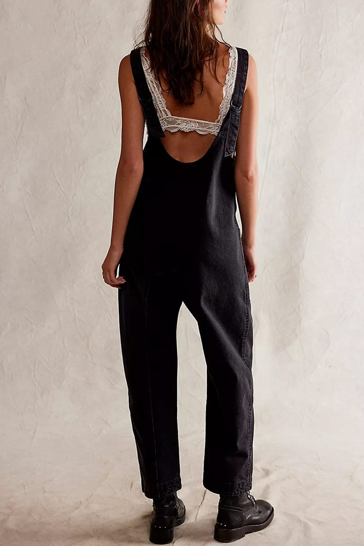 Linde – Mouwloze Denim Jumpsuit met V-Hals en Verstelbare Bandjes