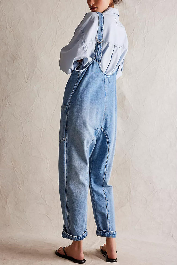 Linde – Mouwloze Denim Jumpsuit met V-Hals en Verstelbare Bandjes