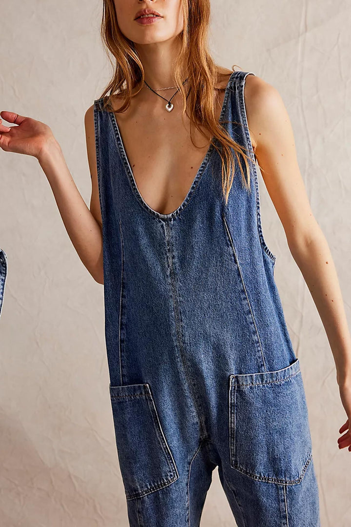 Sofie – Mouwloze Denim Jumpsuit met V-Hals en Zakken