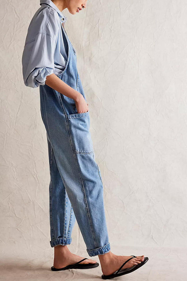 Linde – Mouwloze Denim Jumpsuit met V-Hals en Verstelbare Bandjes