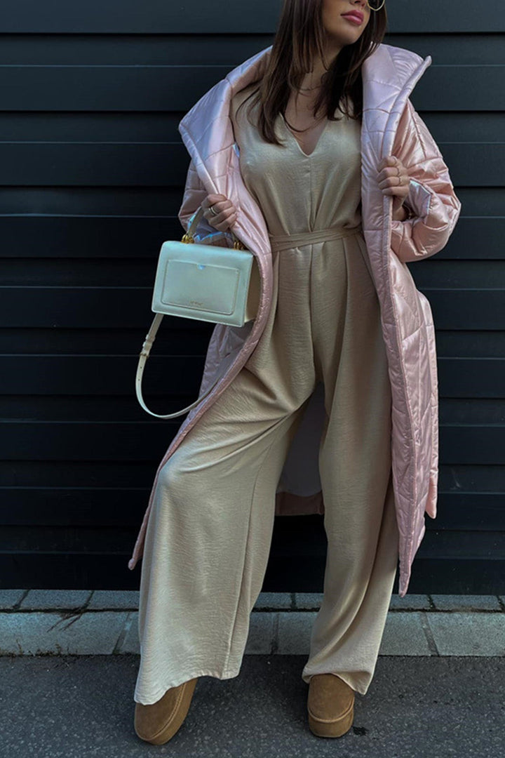 Sanne – Jumpsuit met V-Hals, Strikceintuur en Wijde Pijpen