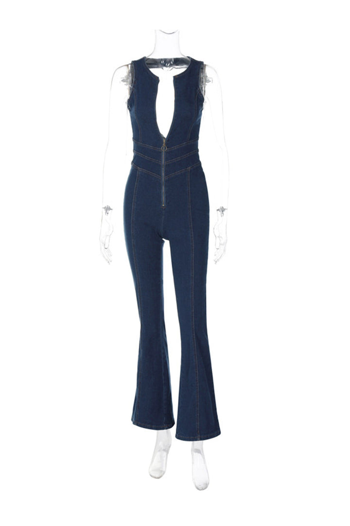Saar – Mouwloze Denim Jumpsuit met Rits en Open Rug