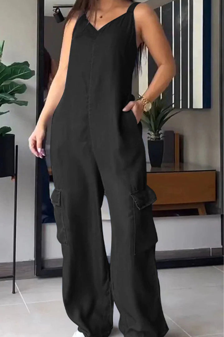 Nora – Mouwloze Jumpsuit met V-Hals, Smockrug en Zakken
