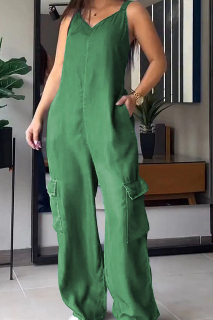 Nora – Mouwloze Jumpsuit met V-Hals, Smockrug en Zakken