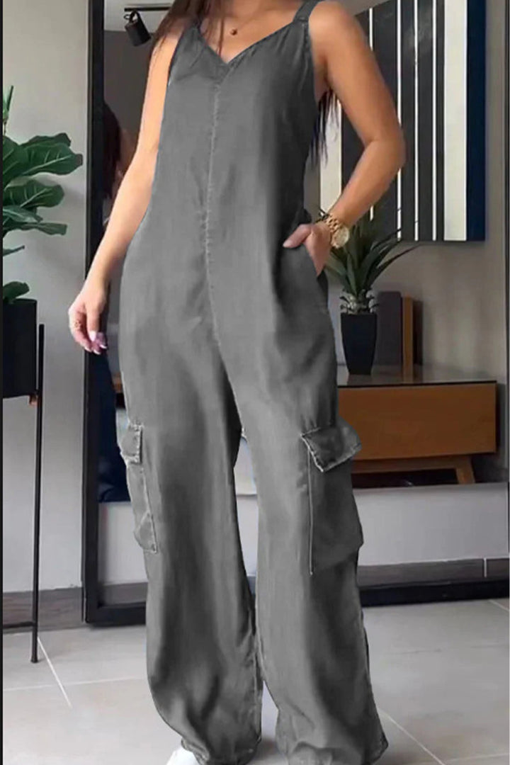 Nora – Mouwloze Jumpsuit met V-Hals, Smockrug en Zakken