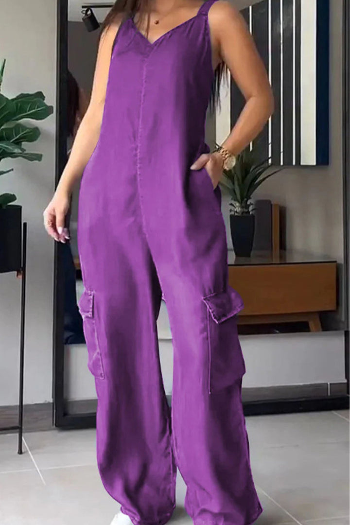 Nora – Mouwloze Jumpsuit met V-Hals, Smockrug en Zakken