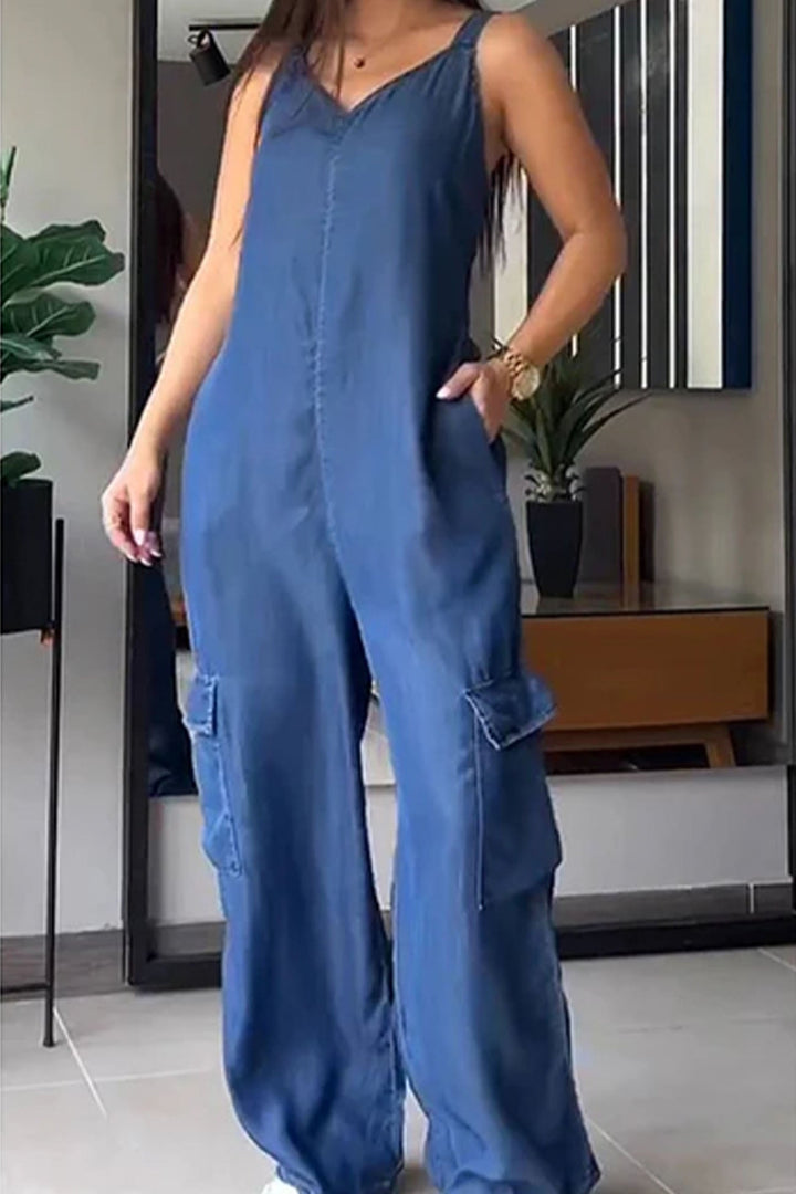 Nora – Mouwloze Jumpsuit met V-Hals, Smockrug en Zakken