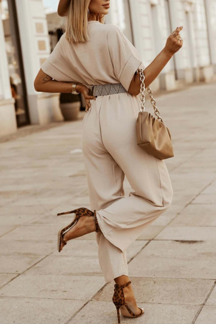 Noëlle – Jumpsuit met V-Hals, Vleermuismouwen en Tailleceintuur