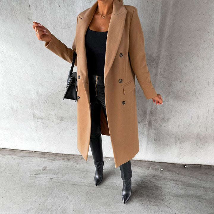 Élodie | Elegante gestructureerde wollenmix herfstjas voor dames met dubbele knoopsluiting en flatterende lange snit