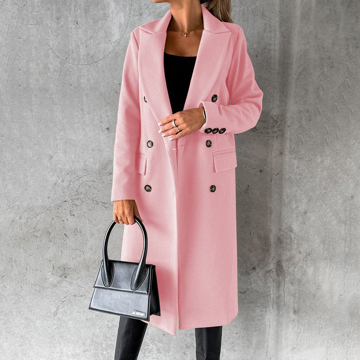 Élodie | Elegante gestructureerde wollenmix herfstjas voor dames met dubbele knoopsluiting en flatterende lange snit
