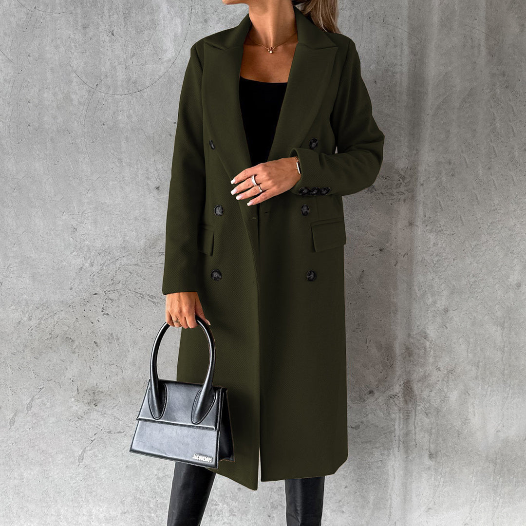 Élodie | Elegante gestructureerde wollenmix herfstjas voor dames met dubbele knoopsluiting en flatterende lange snit