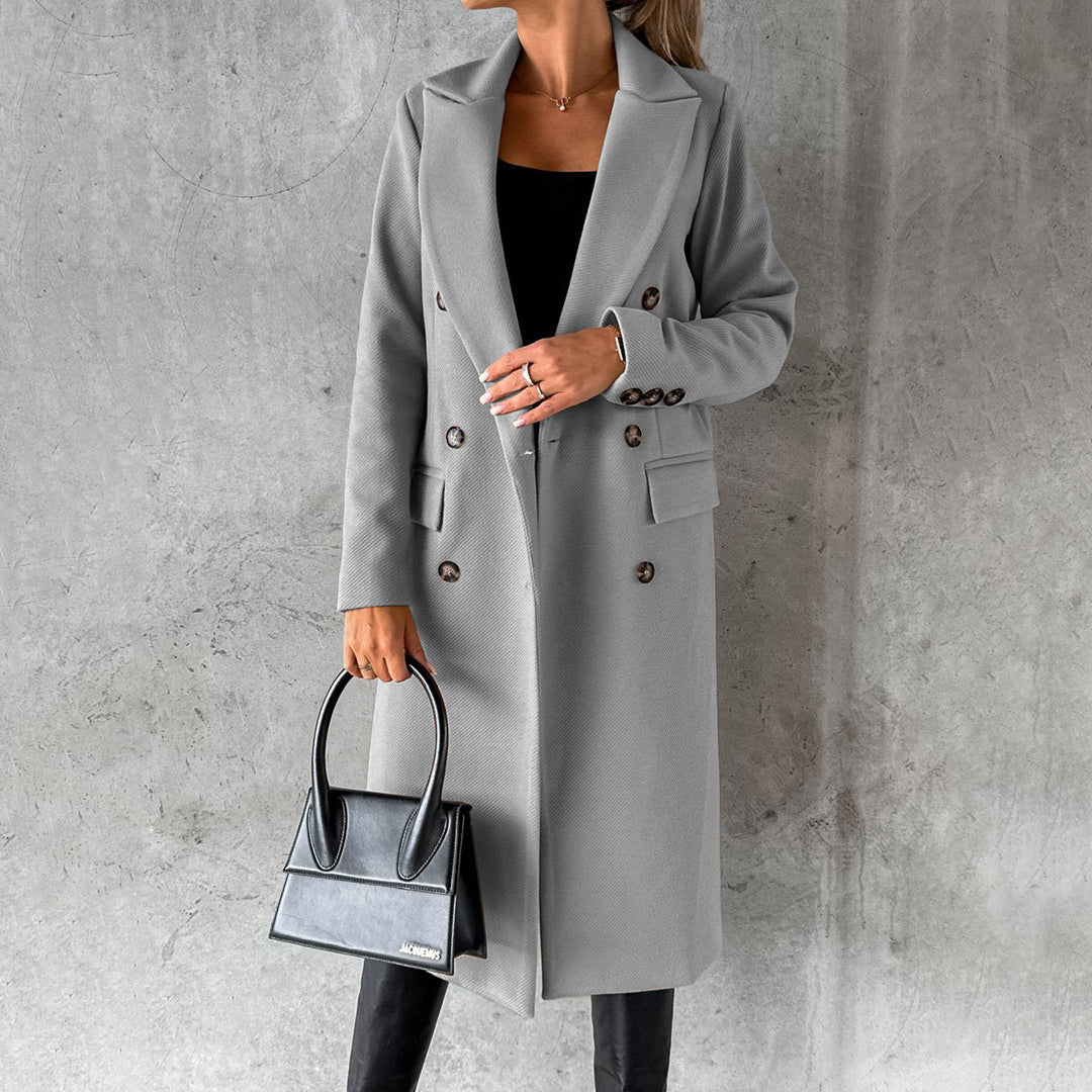 Élodie | Elegante gestructureerde wollenmix herfstjas voor dames met dubbele knoopsluiting en flatterende lange snit