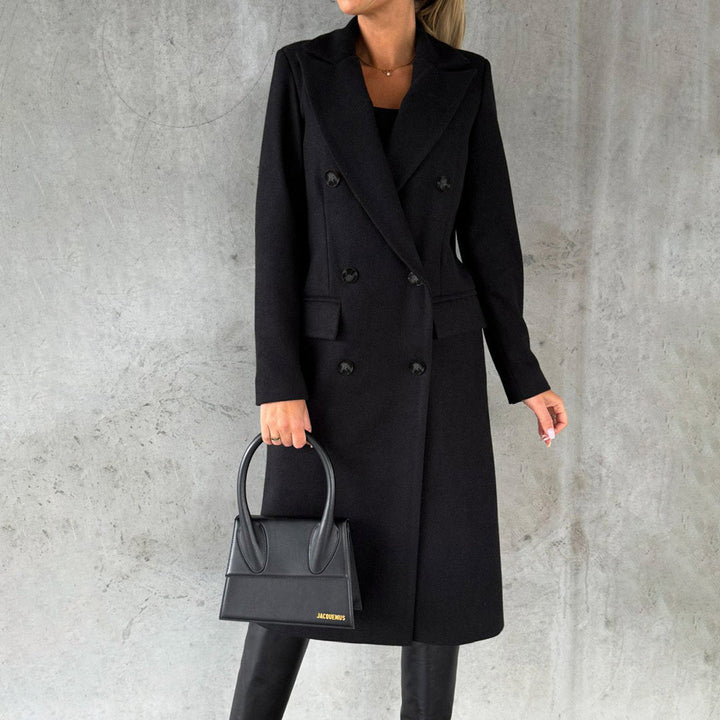 Élodie | Elegante gestructureerde wollenmix herfstjas voor dames met dubbele knoopsluiting en flatterende lange snit