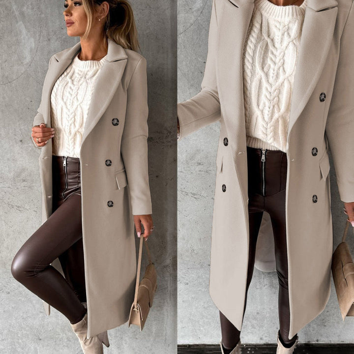 Élodie | Elegante gestructureerde wollenmix herfstjas voor dames met dubbele knoopsluiting en flatterende lange snit